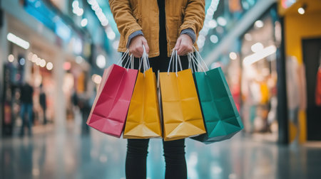 A young individual stands confidently in a bustling mall, joyfully holding four vibrant shopping bags, embodying the thrill of a successful shopping experience.の素材