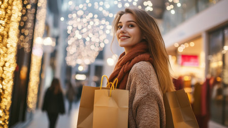 A cheerful young woman experienced in holiday shopping, surrounded by glowing lights in a stylish mall, capturing the essence of joy and celebration during the festive season.の素材