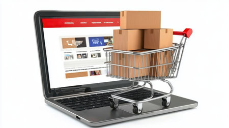 A shopping cart with boxes is placed on a laptop, symbolizing online shopping and e-commerce. This image represents the modern consumer's digital experience and convenience.の素材