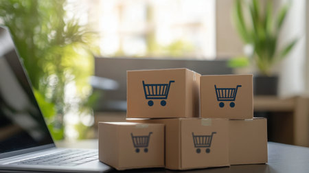 A modern workspace featuring stacked cardboard boxes with shopping cart icons near a laptop, showcasing online retail and delivery themes enhanced by natural greenery.の素材