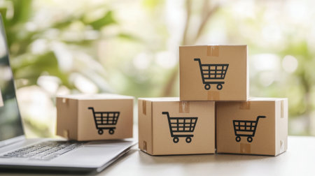 Explore a modern workspace with delivery boxes featuring shopping cart logos beside a laptop, symbolizing e-commerce and online shopping success. Perfect for marketing and business use.の素材