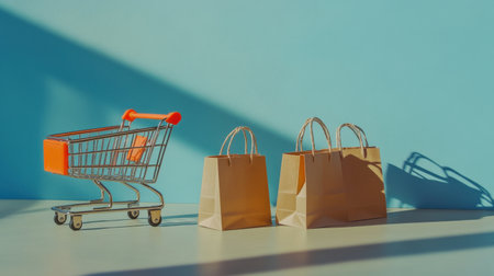 A shopping cart next to two paper bags set against a blue background, symbolizing e-commerce and retail, perfect for marketing and consumer-related themes.の素材