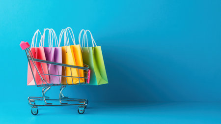 A vibrant silver shopping cart filled with colorful paper bags stands against a bright blue background, perfect for showcasing retail and consumer themes in various projects.の素材