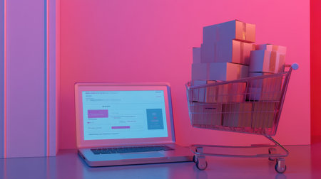 A visually appealing scene showcasing a shopping cart filled with packages next to a laptop, symbolizing the vibrant world of online shopping and e-commerce dynamics.の素材