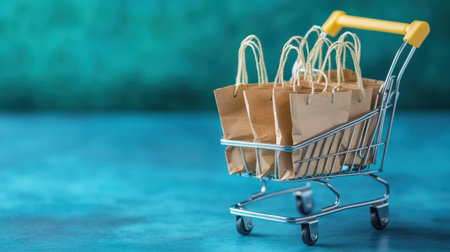A small shopping cart filled with brown paper bags set against a bold teal background, symbolizing consumer culture and the joys of shopping in a minimalist style.の素材