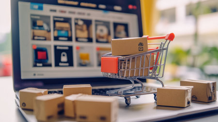 A vibrant image showcasing a miniature shopping cart filled with cardboard packages in front of a laptop screen, illustrating the online shopping experience with various product images and banners.の素材