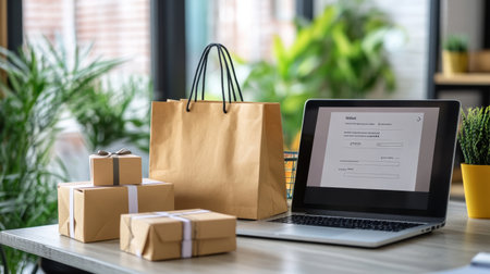 A stylish workspace featuring a laptop, delivery packages, and a shopping bag, set among lush indoor plants, ideal for showcasing modern online shopping experiences.の素材