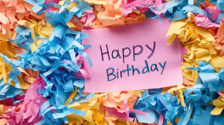 Bright and colorful shredded paper surrounds a cheerful "Happy Birthday" note, perfect for enhancing any festive occasion and creating a joyful atmosphere at parties or celebrations.の素材