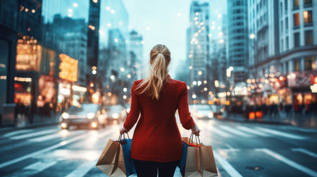 A stylish woman enjoys an evening shopping experience in the heart of the city, surrounded by bustling traffic and vibrant urban lights, capturing the essence of modern retail.の素材