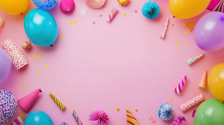 A vibrant background featuring colorful balloons, festive hats, and decorative elements, ideal for enhancing any party theme or joyful event. Perfect for birthday celebrations and gatherings.の素材