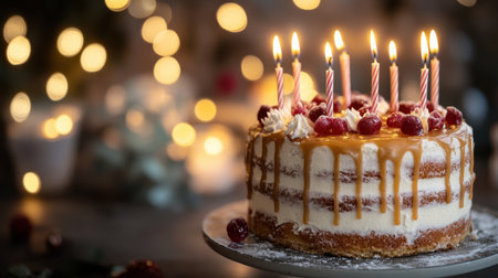 A beautifully crafted layered cake adorned with cherries and caramel, glowing candles on top create a warm ambiance perfect for any festive occasion.の素材
