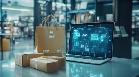 A modern online shopping scene featuring a laptop displaying digital retail elements, alongside shopping bags and packages, symbolizing convenient consumer purchasing in retail.の素材