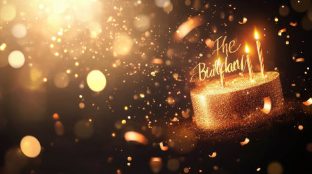 Capture the essence of a joyful birthday celebration with a beautifully designed cake, glowing candles, and enchanting light sparkles in the background.の素材