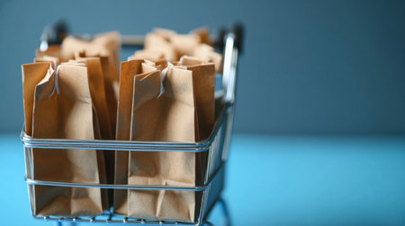 A sleek shopping cart filled with neatly arranged brown paper bags sits on a striking blue surface, symbolizing modern shopping experiences and sustainable choices.の素材