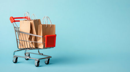 A visually appealing shopping cart filled with brown paper bags sits against a serene blue background, highlighting retail shopping, minimalism, and eco-friendly practices for consumers.の素材