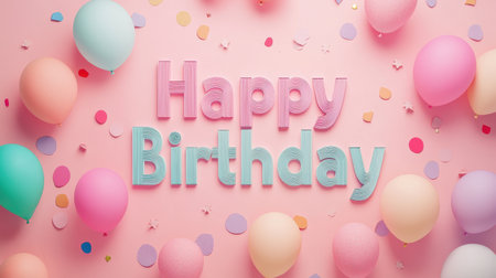 Bright and cheerful birthday design featuring colorful balloons and confetti on a soft pink background, ideal for party invitations and celebration graphics.の素材
