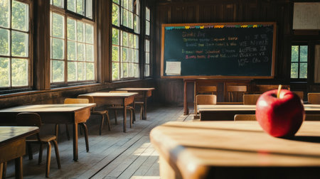 A serene and vintage classroom scene featuring wooden desks, a chalkboard, and a solitary red apple, beautifully illuminated by sunlight streaming through the windows.の素材