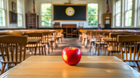 A vibrant red apple sits on a wooden desk in an empty classroom, capturing the essence of education and the joy of learning in a warm, inviting environment.の素材