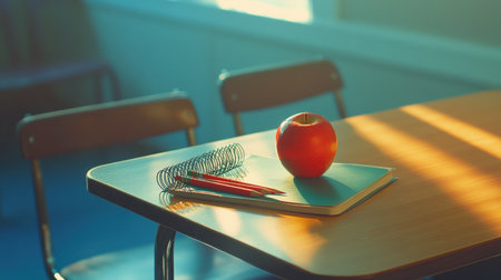 A serene classroom setup with an apple, notepad, and red pencils on a wooden desk, bathed in warm sunlight, creating an inviting study atmosphere.の素材