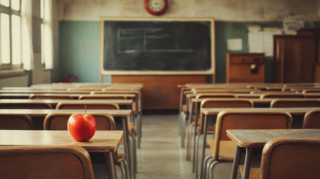 A classic school classroom showcasing wooden desks, a green chalkboard, and a vintage clock. A fresh red apple symbolizes education, creating an inviting learning atmosphere.の素材