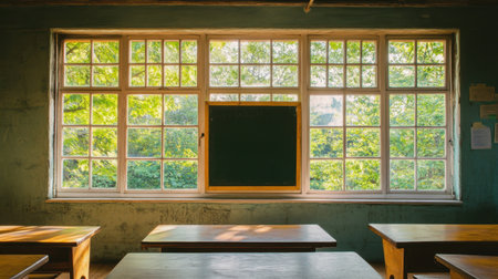 This image captures a tranquil classroom featuring large windows that offer a stunning view of lush greenery and allow plenty of natural light to brighten the interior.の素材