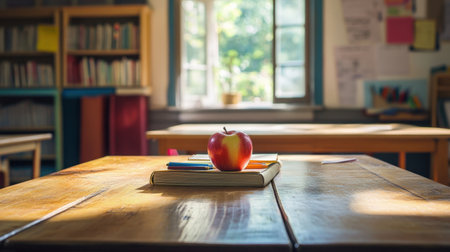A serene classroom setting that features an apple placed on a stack of books on a wooden desk, illuminated by soft sunlight, creating a warm and inviting atmosphere for learning and creativity.の素材
