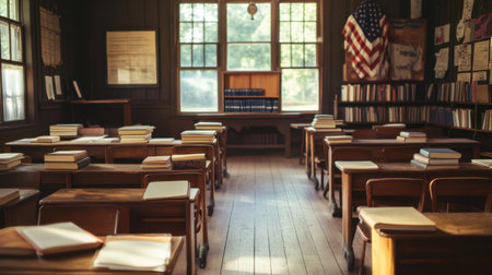 A serene vintage classroom with wooden desks and open books, illuminated by sunlight streaming through large windows, creating an inviting educational atmosphere.の素材