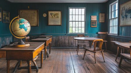 A charming vintage classroom setting featuring a globe and rustic wooden furniture, evoking a sense of nostalgia and tranquility in a historical educational environment.の素材