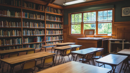 This serene classroom interior features wooden furniture, ample bookshelves, and large windows that invite natural light, creating a cozy space for learning and discovery.の素材