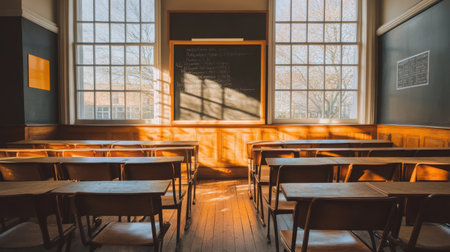 A charming classroom scene with wooden desks and large windows inviting natural light, creating a warm educational space perfect for learning and reflection.の素材