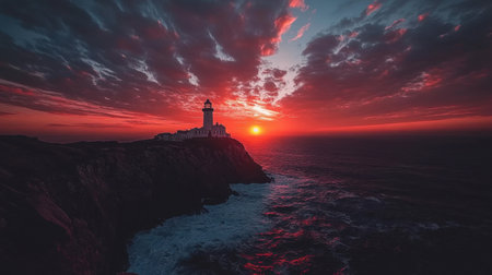 A stunning view of a lighthouse illuminated by the fiery colors of sunset, casting serene reflections on the ocean waves and highlighting the rocky shoreline under a dramatic sky.の素材