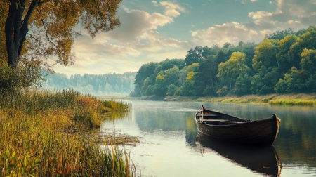 Experience the tranquility of nature as a solitary wooden boat floats on a calm river, surrounded by lush greenery and soft clouds, creating a serene outdoor escape.の素材