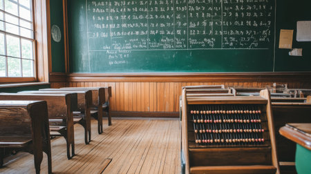 Explore a vintage classroom setting featuring wooden desks, a chalkboard filled with mathematical equations, and a classic abacus, evoking a sense of nostalgia and educational heritage.の素材