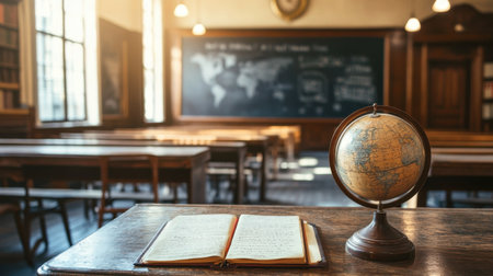 Captivating interior of a vintage classroom featuring a globe and an open book, evoking a sense of history and education within a scholarly setting that inspires learning.の素材