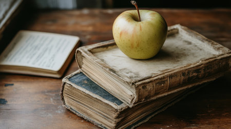 A fresh green apple sits atop a stack of vintage books on a rustic wooden table, evoking a sense of knowledge and calm. Ideal for themes of education and inspiration.の素材