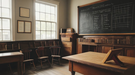 A charming vintage classroom featuring wooden desks and chairs, a large blackboard, and warm sunlight creates a nostalgic atmosphere reflecting traditional education.の素材