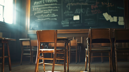 An inspiring view of empty wooden desks illuminated by sunlight in a vintage classroom, evoking feelings of nostalgia and the essence of learning and education.の素材