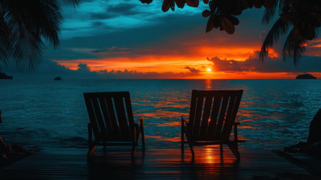 Experience the tranquil beauty of a tropical sunset, featuring silhouetted chairs on a jetty, calm ocean waters, and a vibrant, colorful sky. Perfect for relaxation and vacation themes.の素材