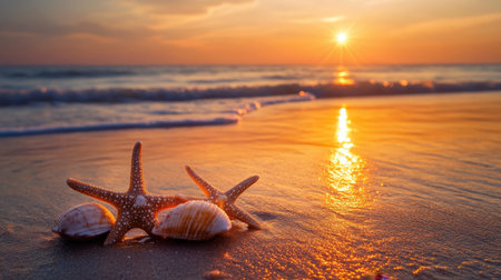 A picturesque scene capturing a sunset at the beach, featuring starfish and seashells on the wet sand, with gentle ocean waves lapping at the shore. Perfect for evoking relaxation.の素材