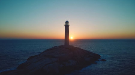 A stunning aerial view of a lighthouse standing tall against a vibrant sunset, casting soft light on tranquil ocean waters and creating a perfect visual escape.の素材