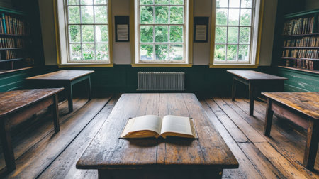 A serene library environment featuring wooden tables, an open book on the central table, and soft natural light enhancing the peaceful reading atmosphere.の素材