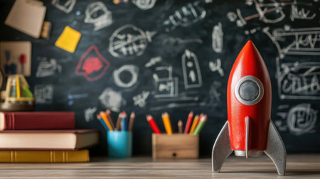 A vibrant workspace featuring a charming retro rocket model on a wooden desk, surrounded by colorful stationery and educational sketches on a black chalkboard backdrop, promoting creativity and learning.の素材