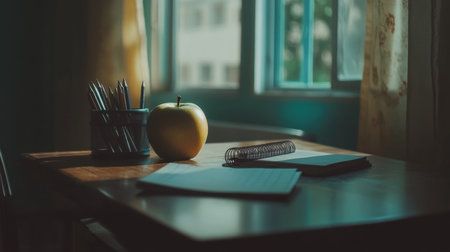 This serene study space features a green apple, pens, and notebooks under gentle natural light, creating an inspiring atmosphere for learning and creativity.の素材