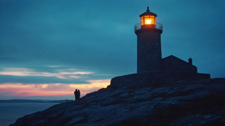 A breathtaking coastal scene featuring a romantic couple near a lighthouse at sunset. The illuminated lantern stands tall against a backdrop of colorful clouds and calm waters.の素材