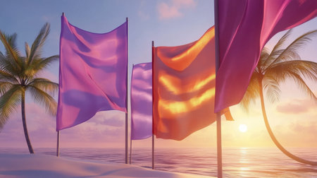 Colorful flags flutter gently in the warm breeze, set against a stunning sunset over the tranquil ocean, surrounded by swaying palm trees on a picturesque beach.の素材
