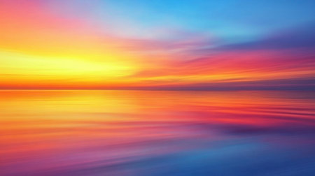 A stunning sunset view over a calm ocean, showcasing vibrant colors in the sky and gentle waves. This image captures the serene beauty of nature's evening display.の素材