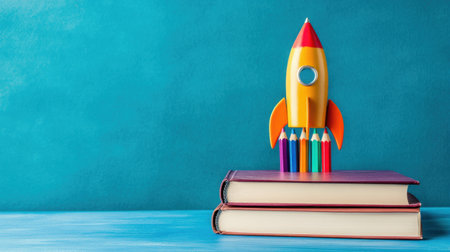 A vibrant and playful scene featuring a colorful rocket-shaped pencil holder on top of stacked books, perfect for educational and creative themes.の素材