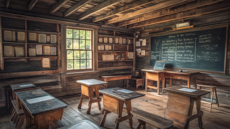 A charming rustic classroom featuring wooden desks, a large chalkboard, and natural light. This nostalgic setting beautifully represents traditional learning and educational history.の素材