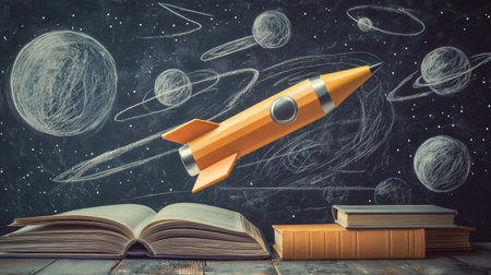 A vibrant depiction of an orange rocket ascending from open books, with a cosmic backdrop of planets and stars, representing the fusion of knowledge and creative exploration.の素材