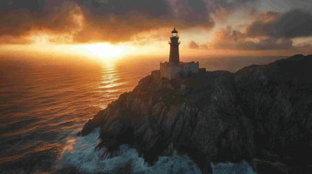 A breathtaking aerial view of a lighthouse perched on rocky cliffs, bathed in the warm glow of sunset with waves crashing below, creating a serene and dramatic coastal landscape.の素材